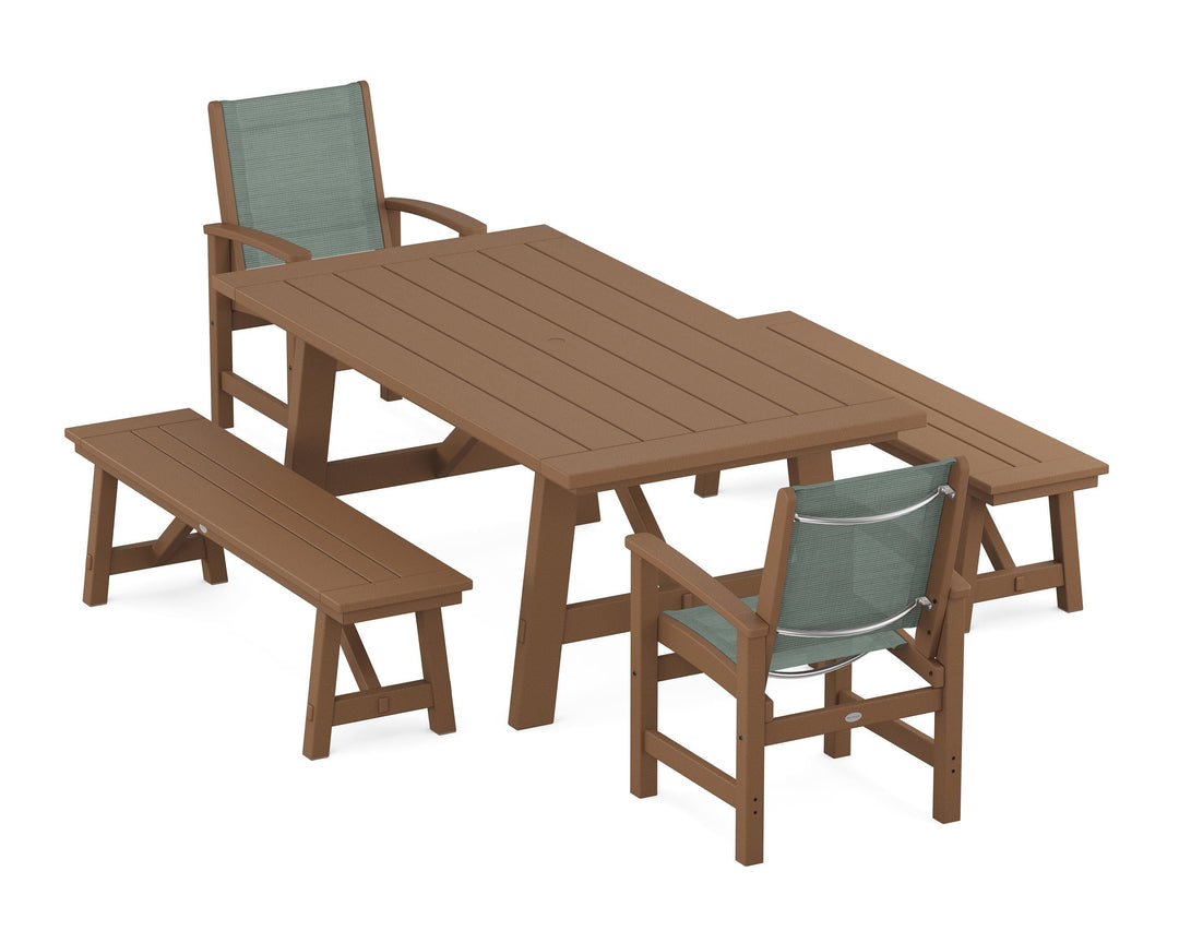 POLYWOOD® Coastal 5-Piece Rustic Farmhouse Dining Set With Benches