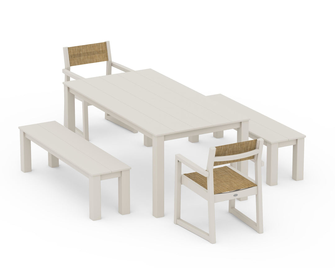 POLYWOOD® EDGE Sling Arm Chair 5-Piece Parsons Dining Set with Benches