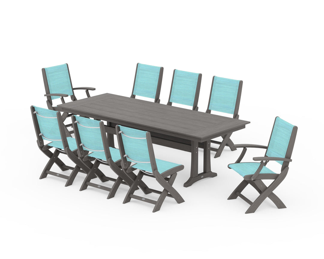 POLYWOOD® Coastal 9-Piece Folding Dining Chair Farmhouse Dining Set with Trestle Legs