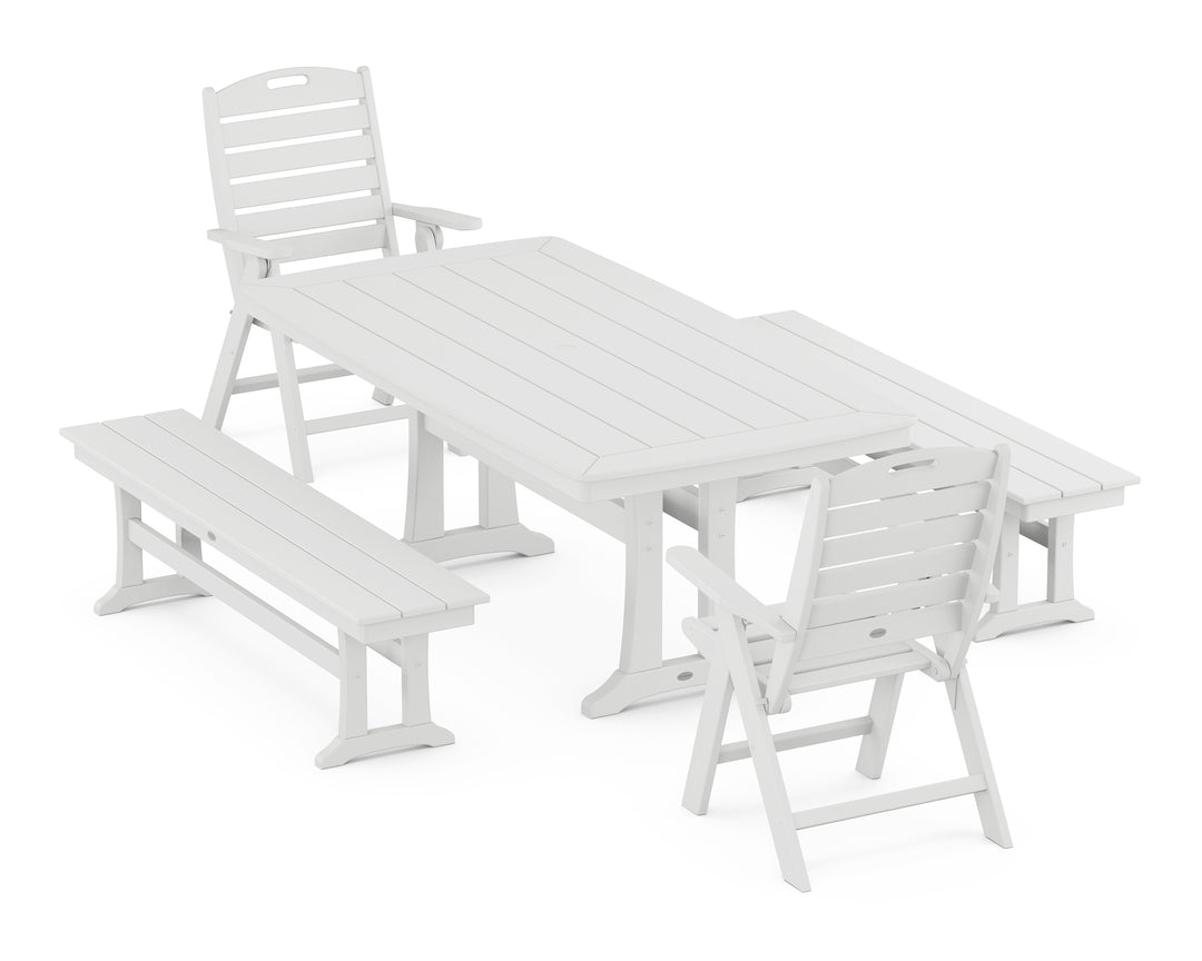 POLYWOOD® Nautical Folding Highback Chair 5-Piece Dining Set with Trestle Legs and Benches