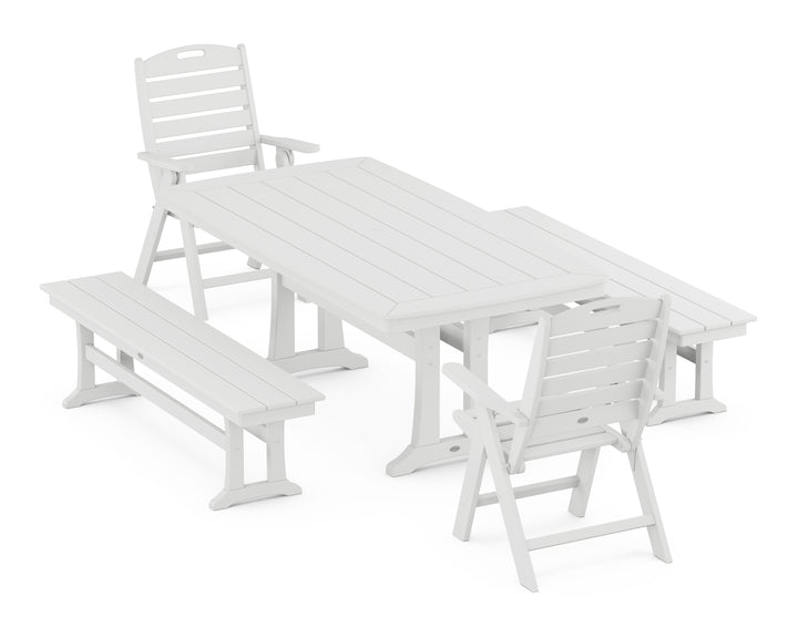 POLYWOOD® Nautical Folding Highback Chair 5-Piece Dining Set with Trestle Legs and Benches