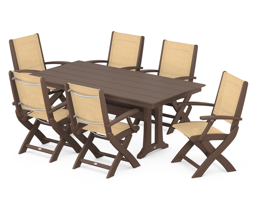 POLYWOOD® Coastal Folding Arm Chair 7-Piece Farmhouse Dining Set with Trestle Legs