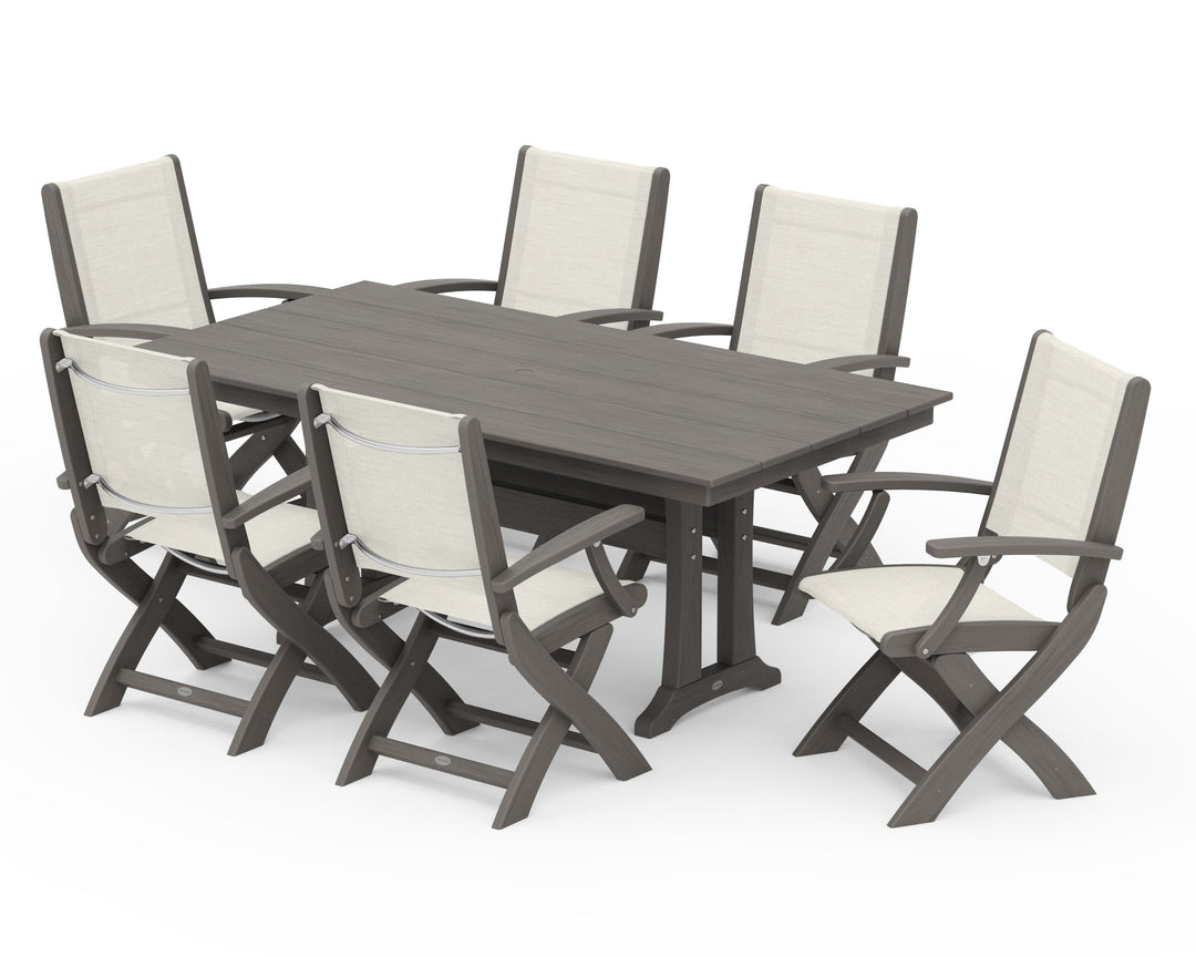 POLYWOOD® Coastal Folding Arm Chair 7-Piece Farmhouse Dining Set with Trestle Legs