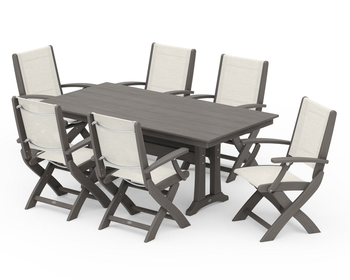 POLYWOOD® Coastal Folding Arm Chair 7-Piece Farmhouse Dining Set with Trestle Legs