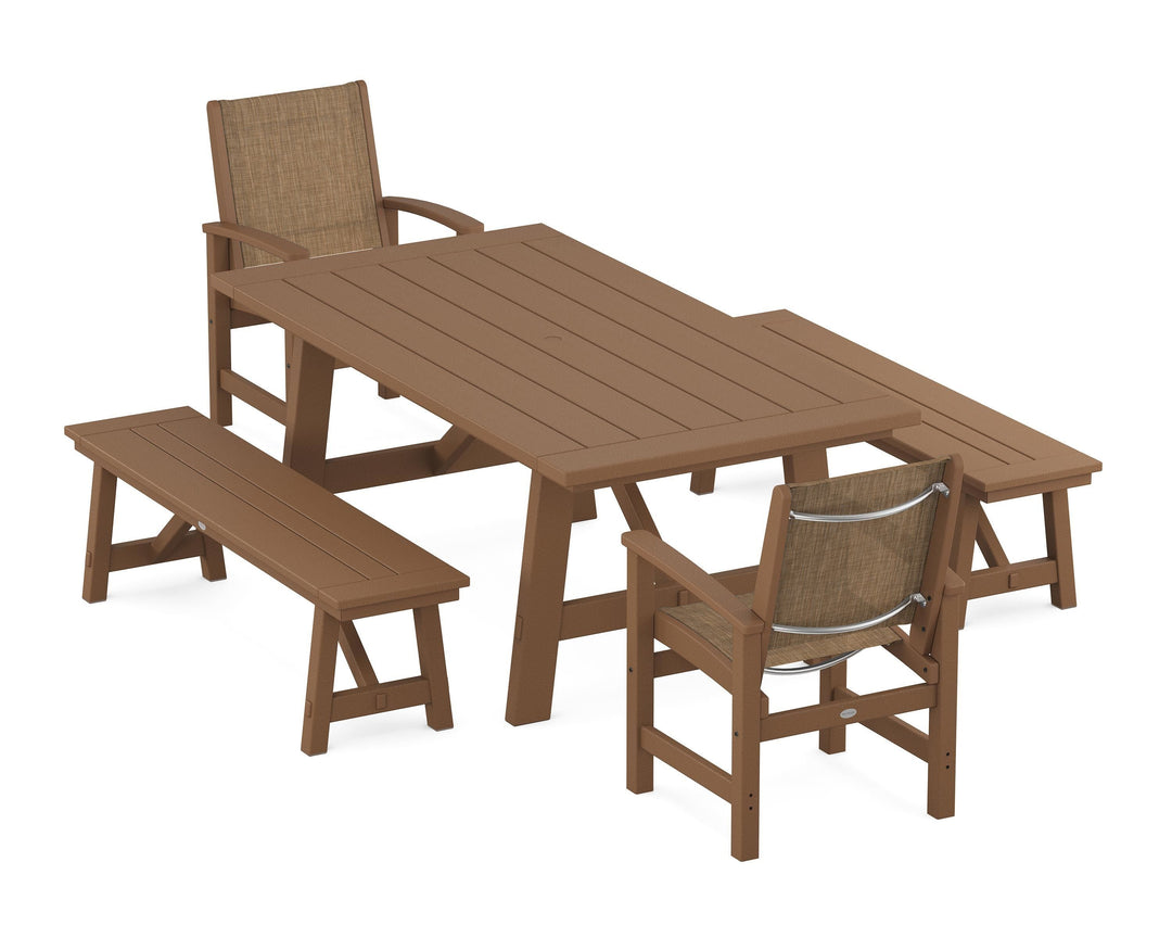 POLYWOOD® Coastal 5-Piece Rustic Farmhouse Dining Set With Benches