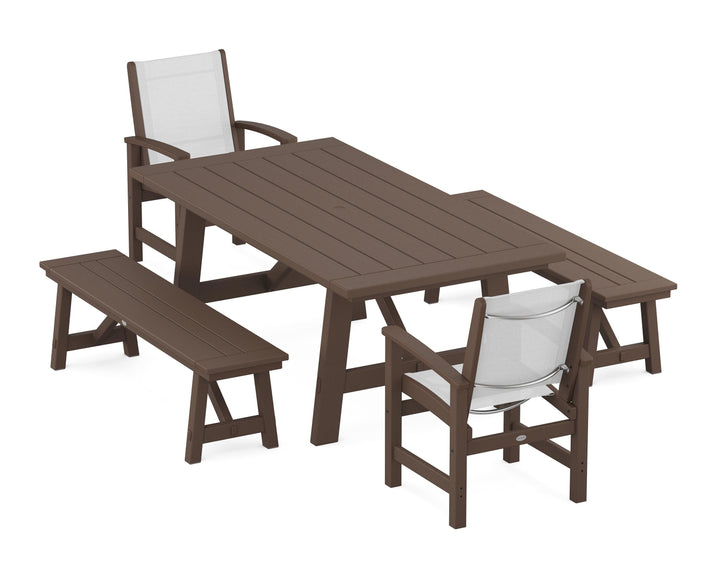 POLYWOOD® Coastal 5-Piece Rustic Farmhouse Dining Set With Benches