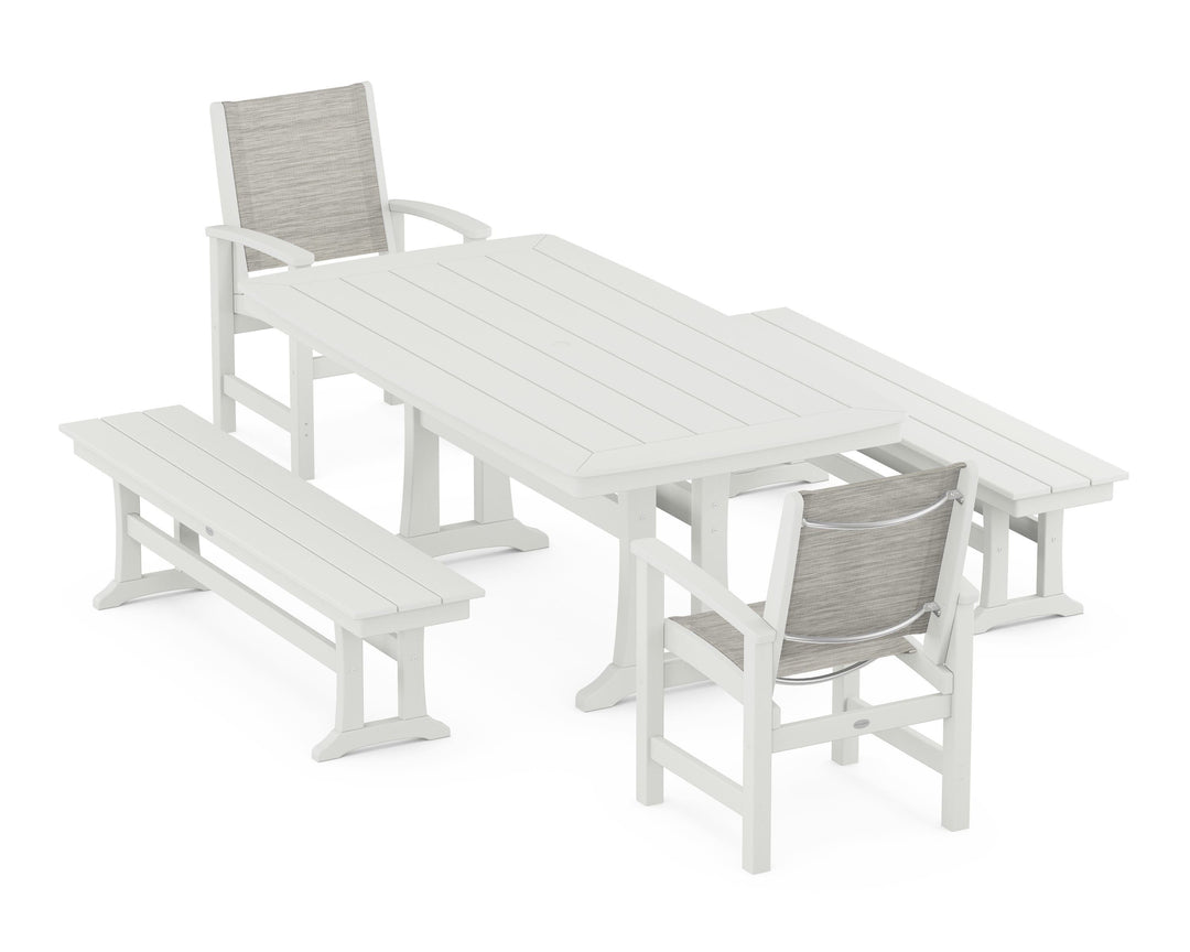 POLYWOOD® Coastal 5-Piece Dining Set with Trestle Legs and Benches