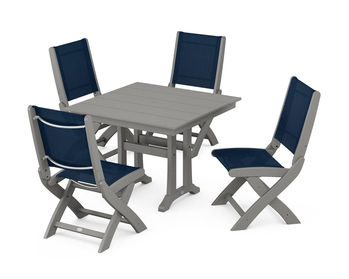 POLYWOOD® Coastal Folding Side Chair 5-Piece Farmhouse Dining Set With Trestle Legs