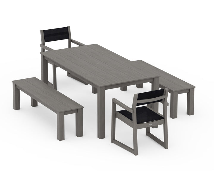 POLYWOOD® EDGE Sling Arm Chair 5-Piece Parsons Dining Set with Benches