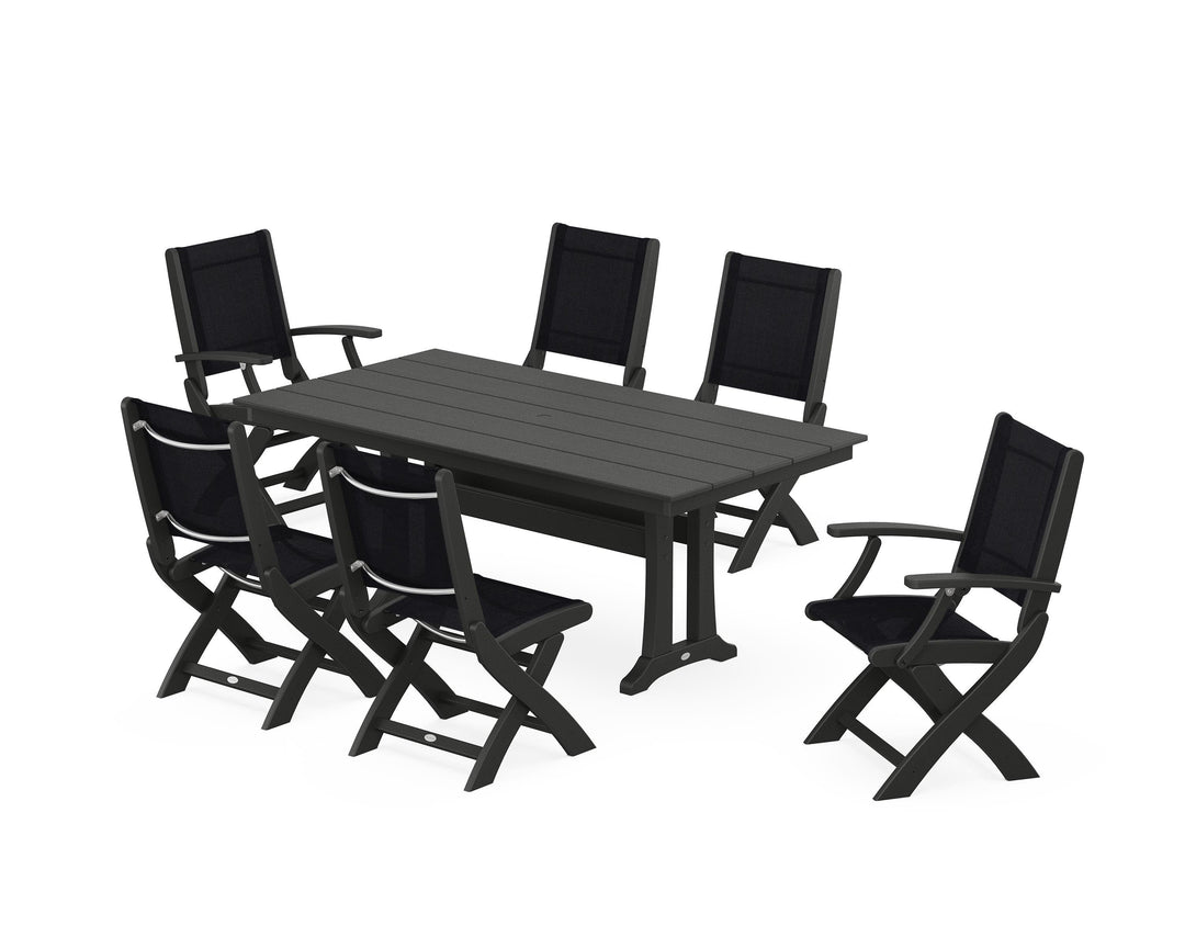 POLYWOOD® Coastal Folding Chair 7-Piece Farmhouse Dining Set with Trestle Legs