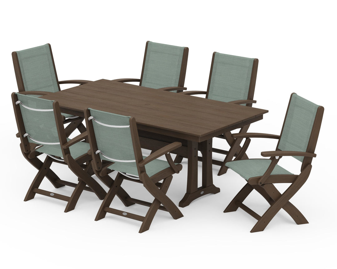 POLYWOOD® Coastal Folding Arm Chair 7-Piece Farmhouse Dining Set with Trestle Legs