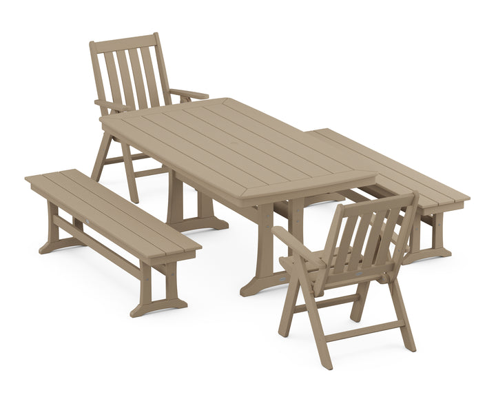 POLYWOOD® Vineyard Folding Chair 5-Piece Dining Set with Trestle Legs and Benches