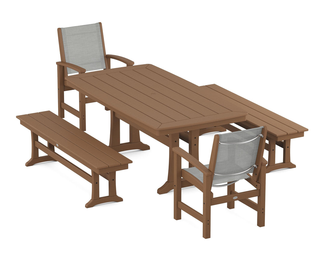 POLYWOOD® Coastal 5-Piece Dining Set with Trestle Legs and Benches