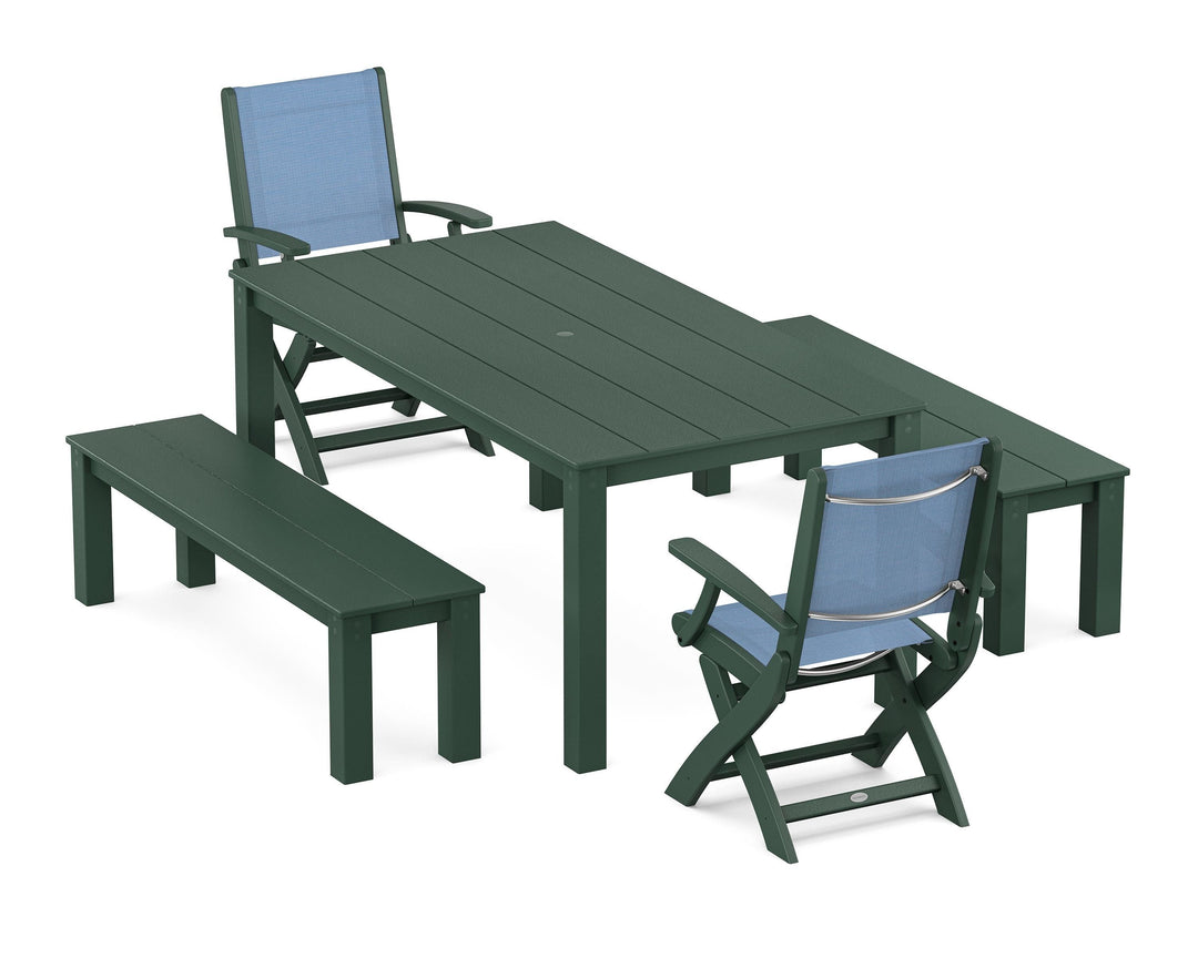 POLYWOOD® Coastal Folding Chair 5-Piece Parsons Dining Set with Benches