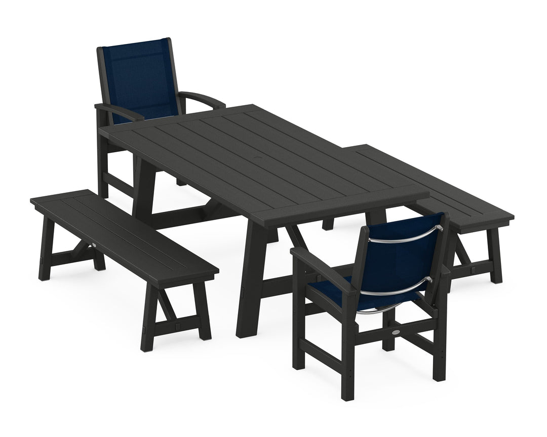 POLYWOOD® Coastal 5-Piece Rustic Farmhouse Dining Set With Benches
