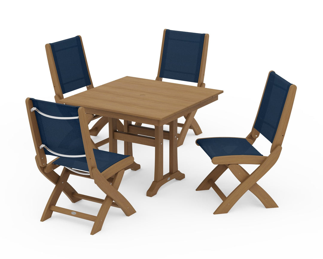 POLYWOOD® Coastal Folding Side Chair 5-Piece Farmhouse Dining Set With Trestle Legs