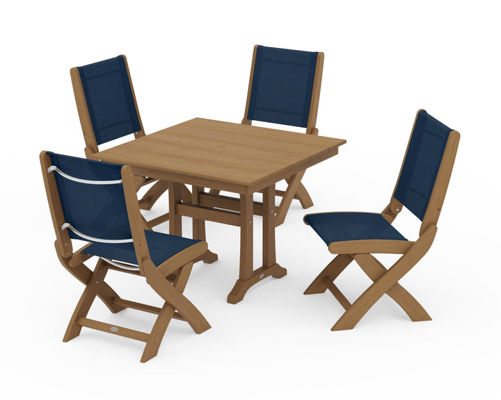 POLYWOOD® Coastal Folding Side Chair 5-Piece Farmhouse Dining Set With Trestle Legs
