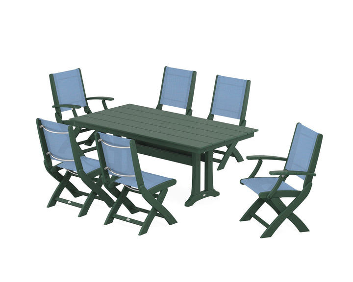 POLYWOOD® Coastal Folding Chair 7-Piece Farmhouse Dining Set with Trestle Legs