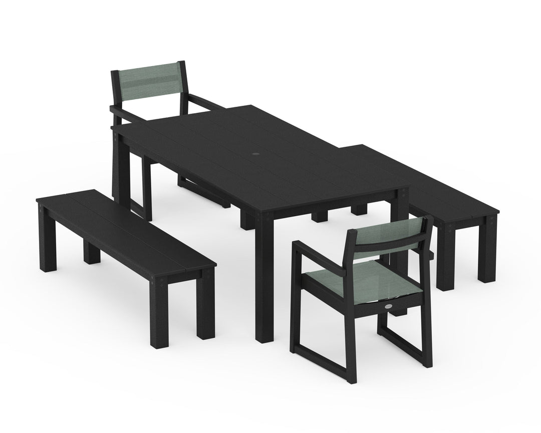 POLYWOOD® EDGE Sling Arm Chair 5-Piece Parsons Dining Set with Benches