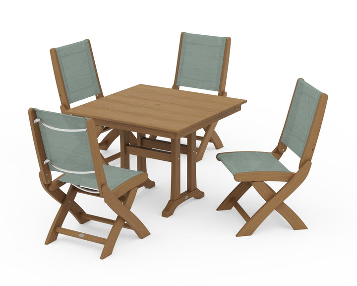 POLYWOOD® Coastal Folding Side Chair 5-Piece Farmhouse Dining Set With Trestle Legs