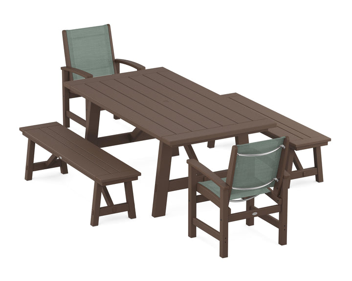 POLYWOOD® Coastal 5-Piece Rustic Farmhouse Dining Set With Benches
