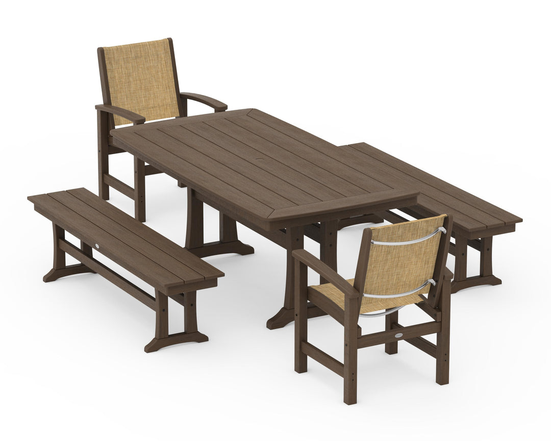 POLYWOOD® Coastal 5-Piece Dining Set with Trestle Legs and Benches