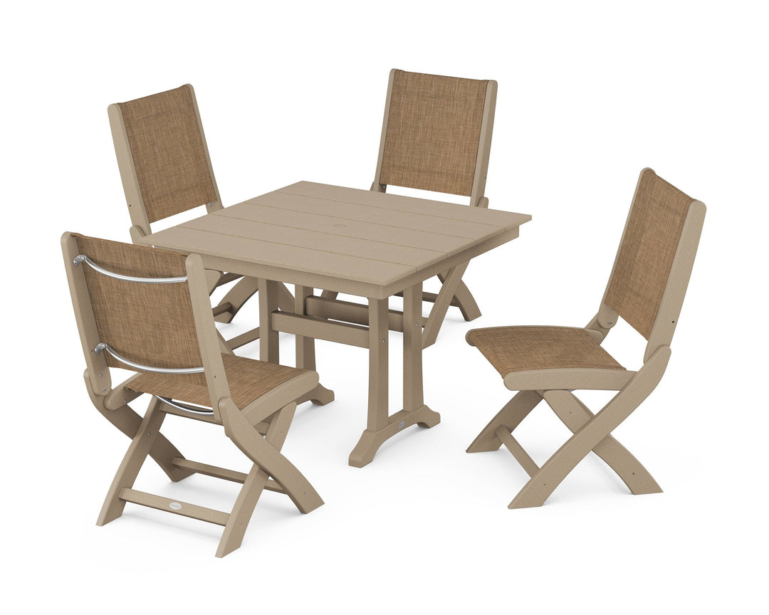 POLYWOOD® Coastal Folding Side Chair 5-Piece Farmhouse Dining Set With Trestle Legs