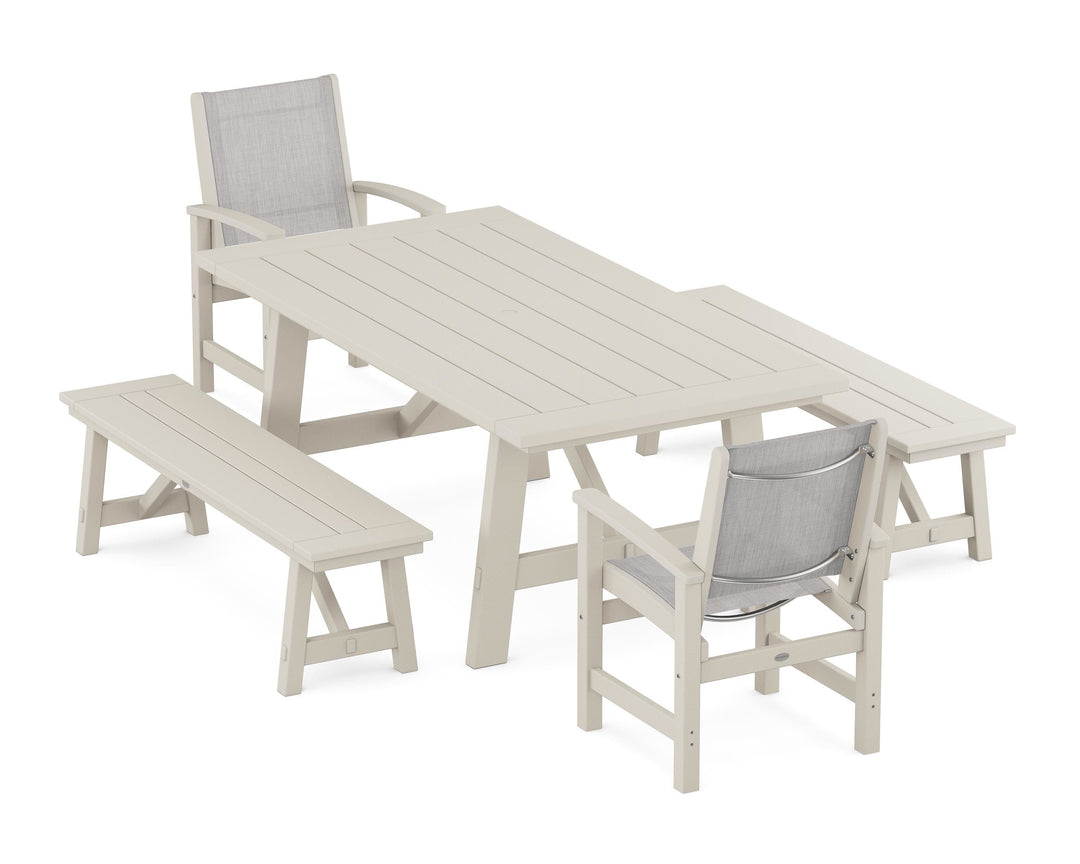 POLYWOOD® Coastal 5-Piece Rustic Farmhouse Dining Set With Benches