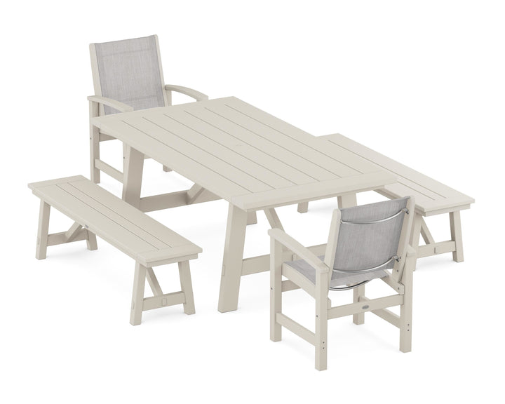 POLYWOOD® Coastal 5-Piece Rustic Farmhouse Dining Set With Benches