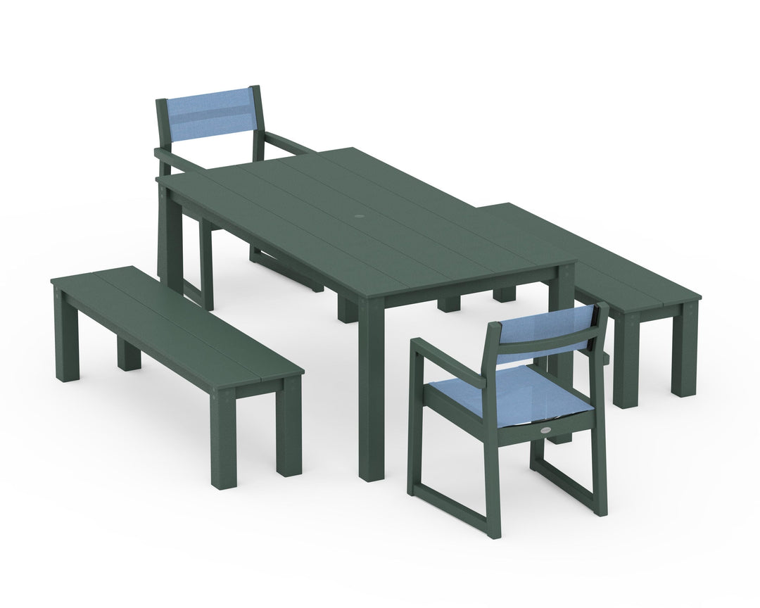 POLYWOOD® EDGE Sling Arm Chair 5-Piece Parsons Dining Set with Benches