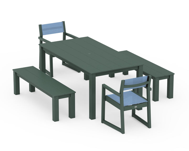 POLYWOOD® EDGE Sling Arm Chair 5-Piece Parsons Dining Set with Benches