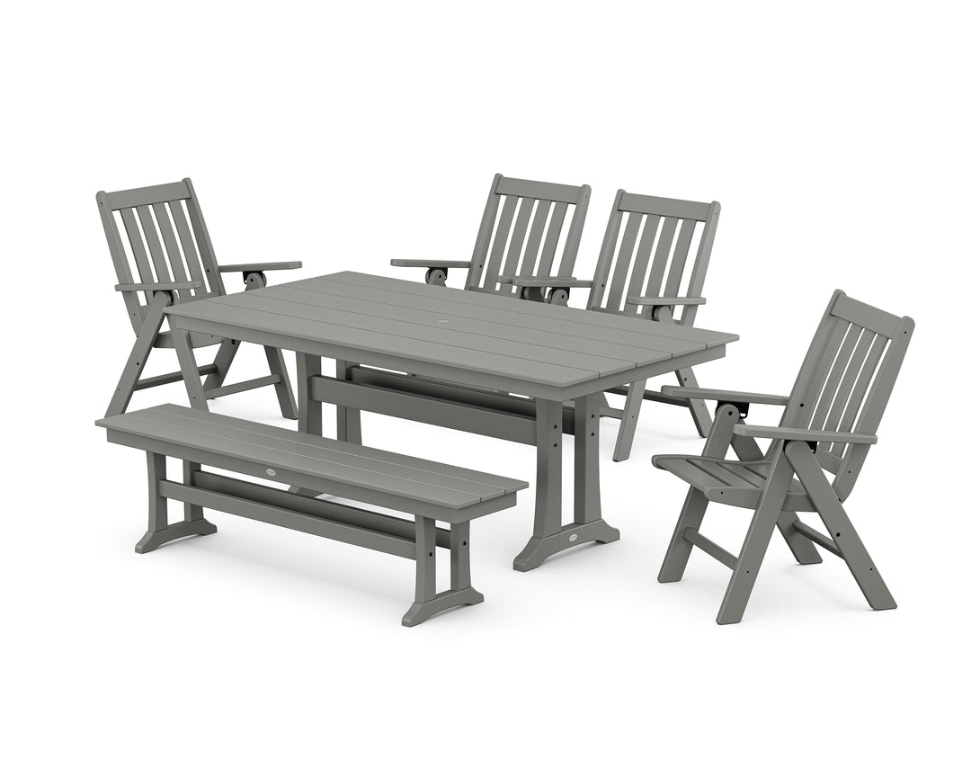 POLYWOOD® Vineyard 6-Piece Folding Chair Farmhouse Dining Set with Trestle Legs and Bench