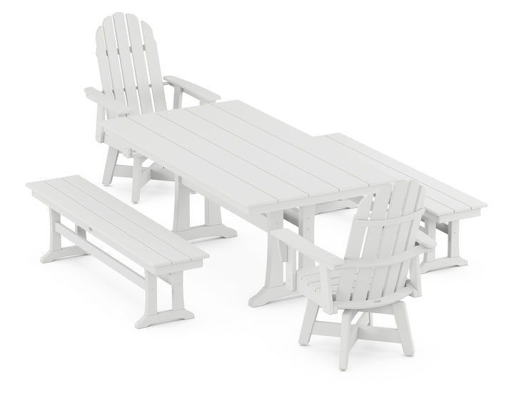 POLYWOOD® Vineyard Curveback Adirondack Swivel Chair 5-Piece Farmhouse Dining Set With Trestle Legs and Benches