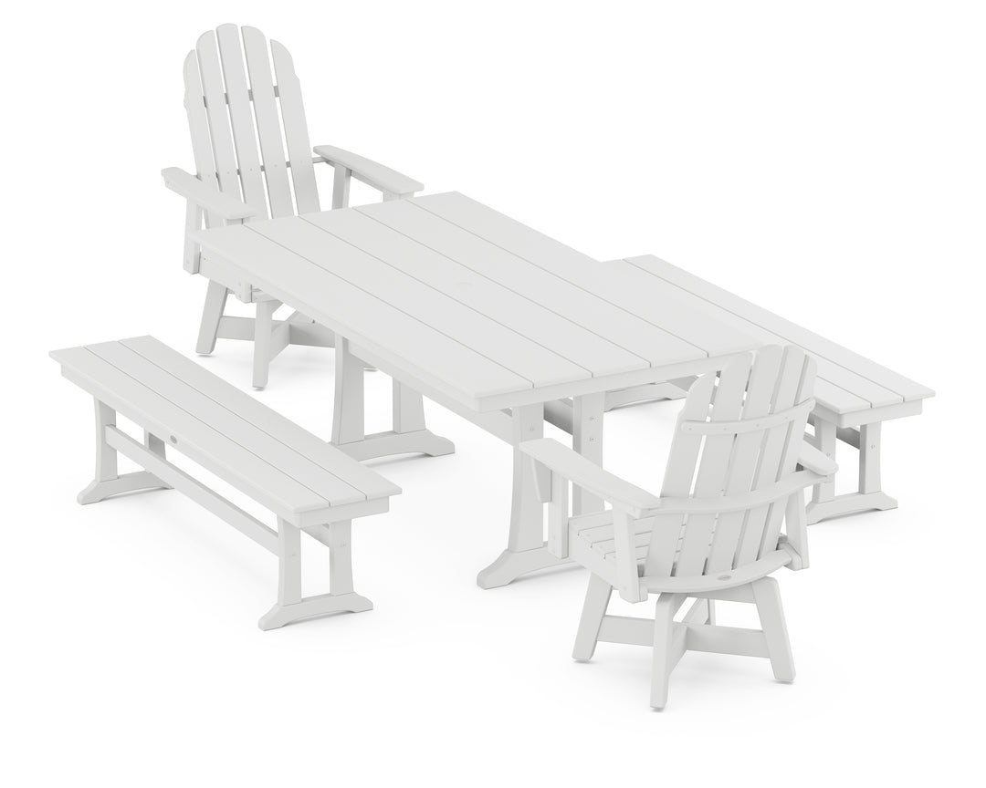POLYWOOD® Vineyard Curveback Adirondack Swivel Chair 5-Piece Farmhouse Dining Set With Trestle Legs and Benches