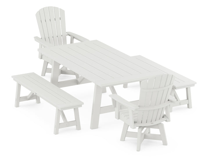 POLYWOOD® Nautical Curveback Adirondack Swivel Chair 5-Piece Rustic Farmhouse Dining Set With Benches