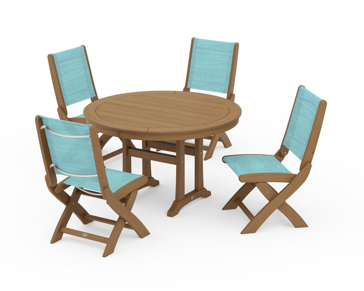 POLYWOOD® Coastal Folding Side Chair 5-Piece Round Dining Set With Trestle Legs
