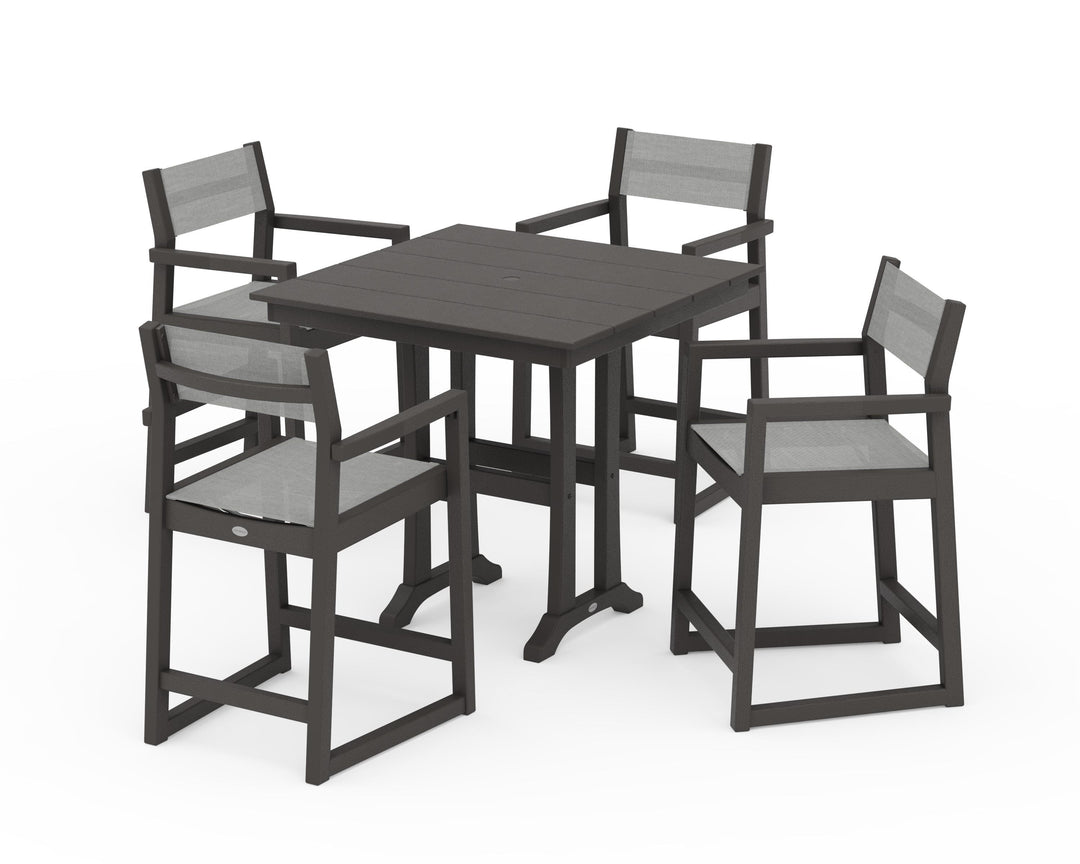 POLYWOOD® EDGE Sling Arm Chair 5-Piece Farmhouse Counter Set with Trestle Legs