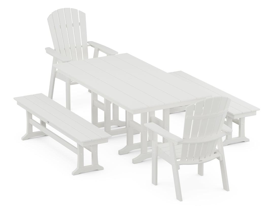 POLYWOOD® Nautical Curveback Adirondack 5-Piece Farmhouse Dining Set with Benches