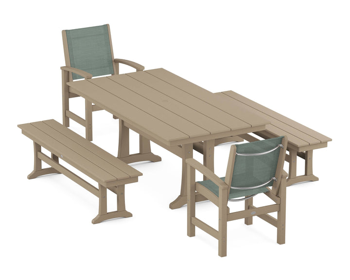 POLYWOOD® Coastal 5-Piece Farmhouse Dining Set with Trestle Legs and Benches