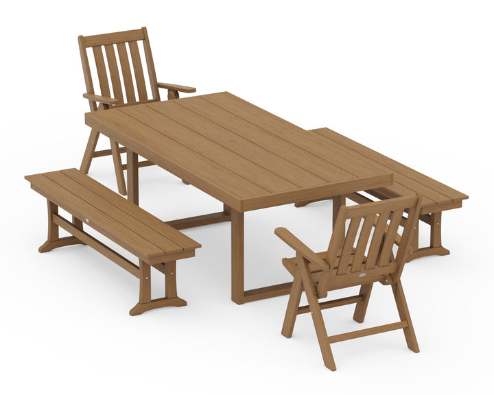 POLYWOOD® Vineyard Folding Chair 5-Piece Dining Set with Benches