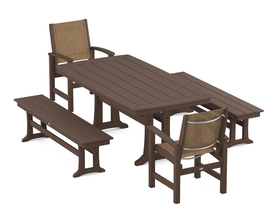 POLYWOOD® Coastal 5-Piece Dining Set with Trestle Legs and Benches
