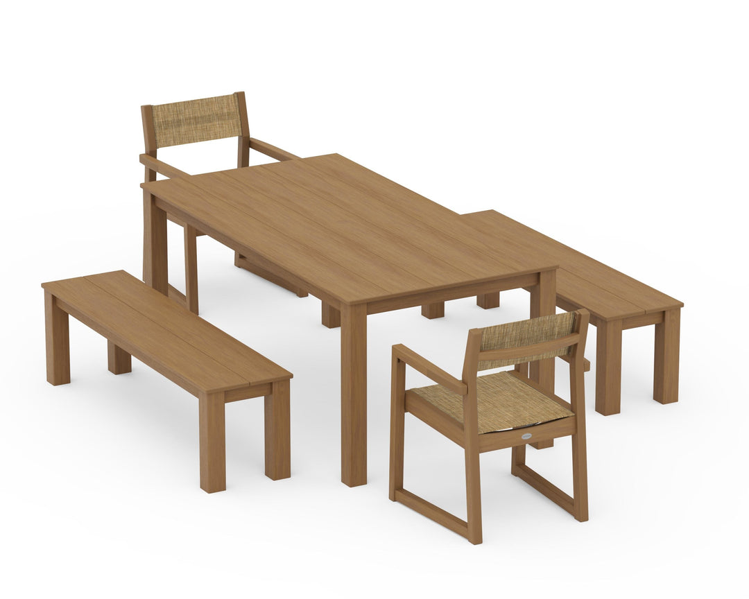 POLYWOOD® EDGE Sling Arm Chair 5-Piece Parsons Dining Set with Benches