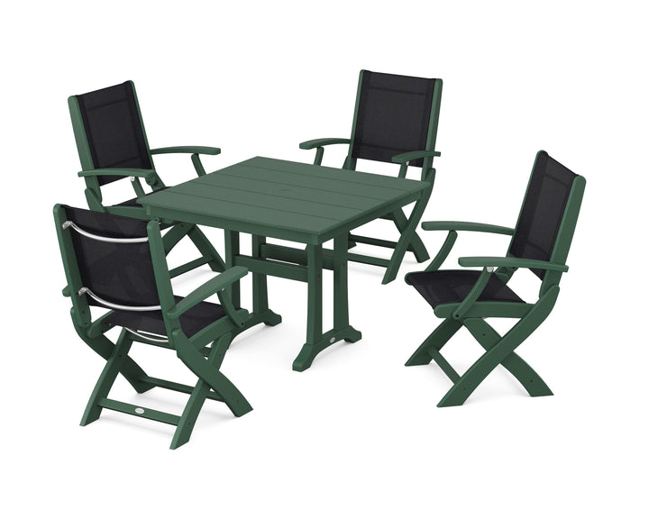 POLYWOOD® Coastal Folding Chair 5-Piece Farmhouse Dining Set With Trestle Legs