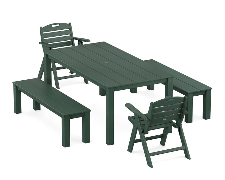 POLYWOOD® Nautical Folding Lowback Chair 5-Piece Parsons Dining Set with Benches
