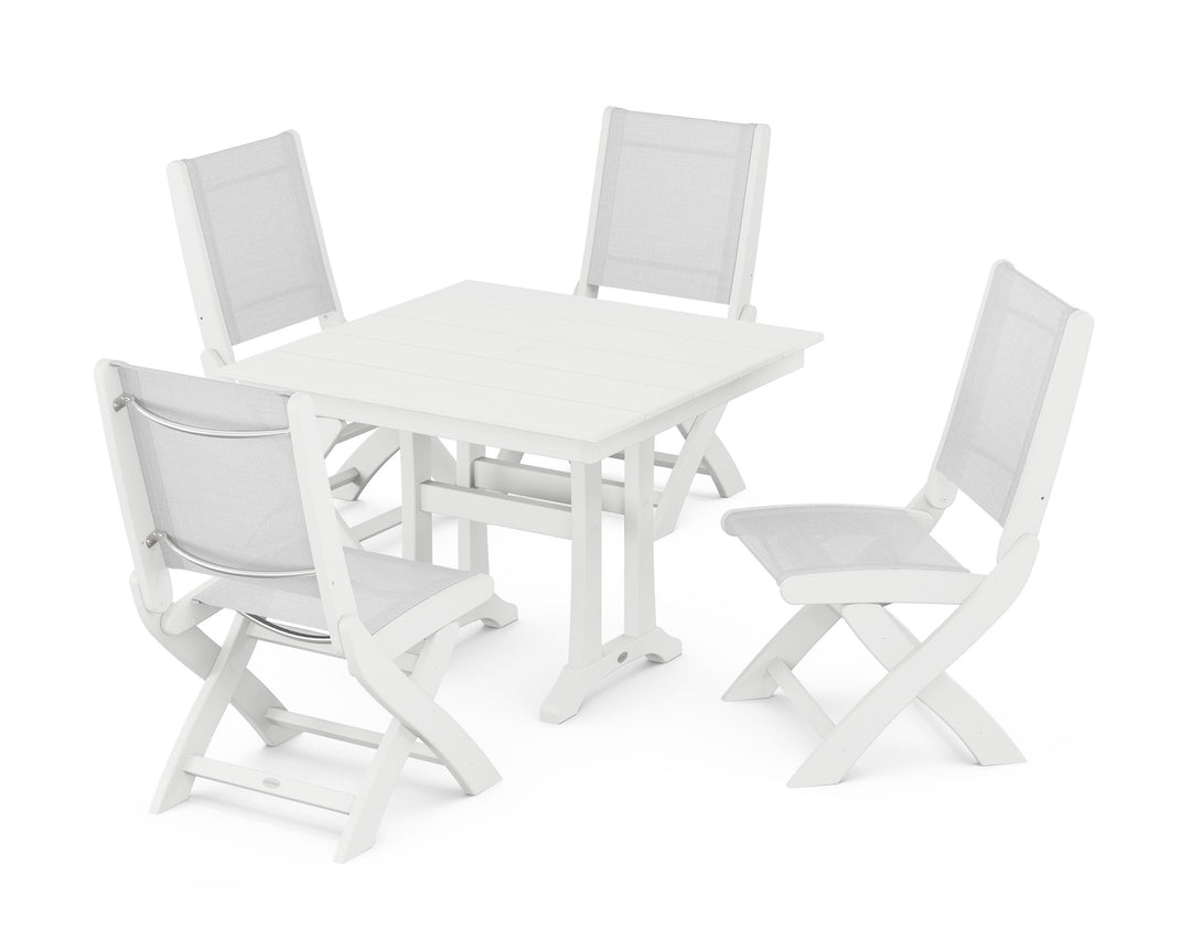 POLYWOOD® Coastal Folding Side Chair 5-Piece Farmhouse Dining Set With Trestle Legs
