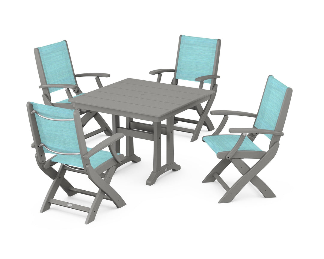 POLYWOOD® Coastal Folding Chair 5-Piece Farmhouse Dining Set With Trestle Legs