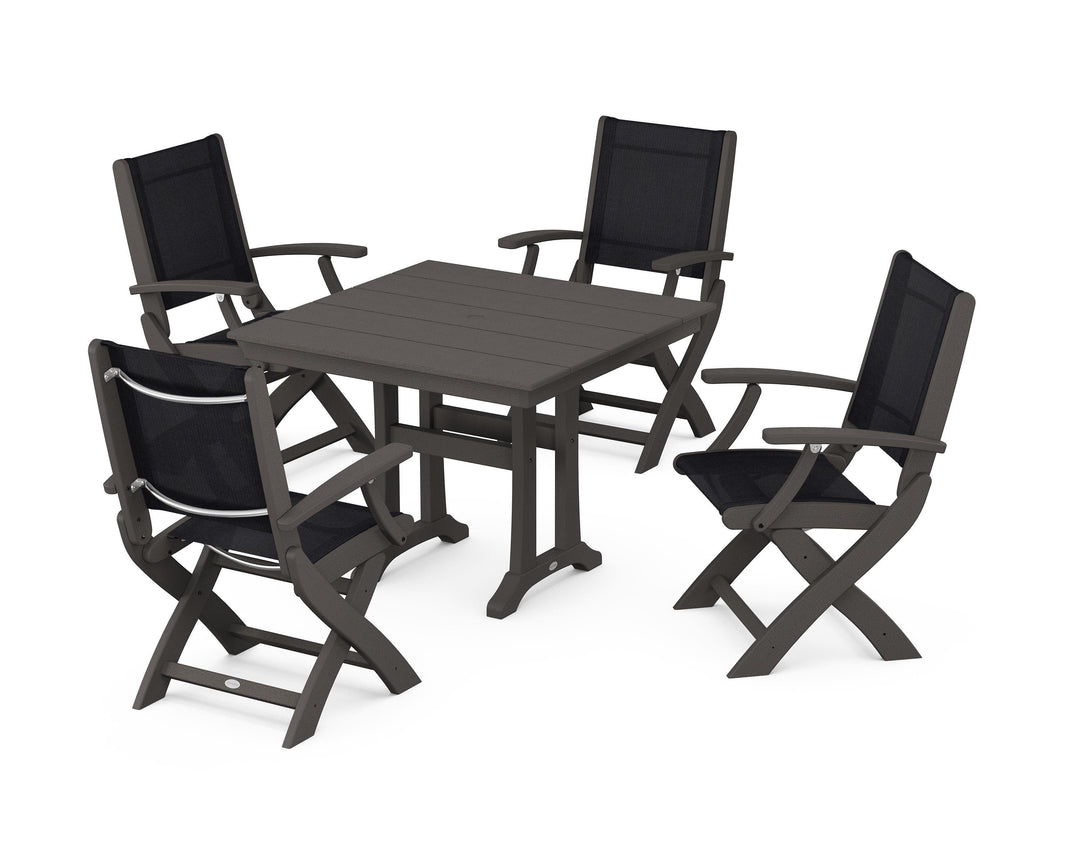 POLYWOOD® Coastal Folding Chair 5-Piece Farmhouse Dining Set With Trestle Legs