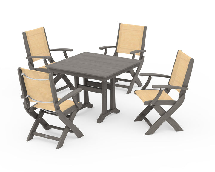 POLYWOOD® Coastal Folding Chair 5-Piece Farmhouse Dining Set With Trestle Legs