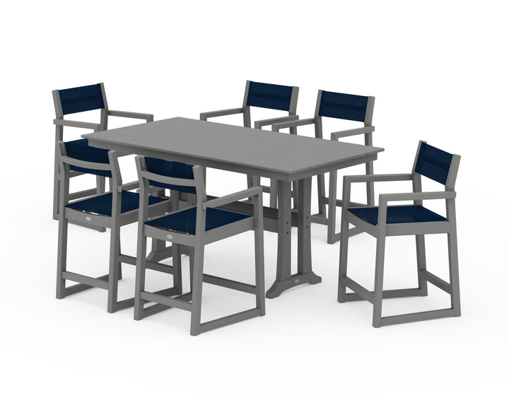 POLYWOOD® EDGE Sling Arm Chair 7-Piece Farmhouse Counter Set with Trestle Legs