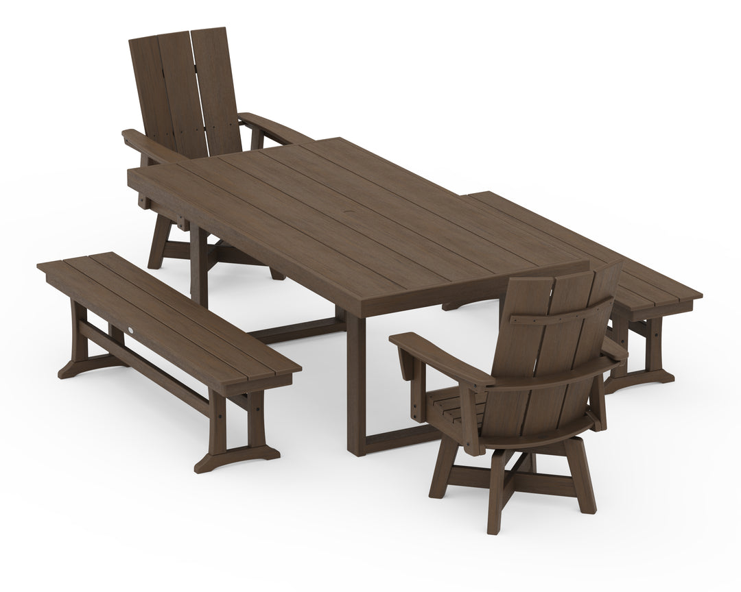 POLYWOOD® Modern Adirondack Swivel Chair 5-Piece Dining Set with Benches
